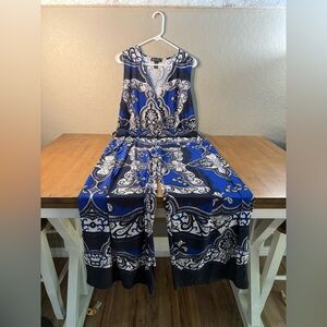 INC International Concepts Blue and White Patterned Jumpsuit